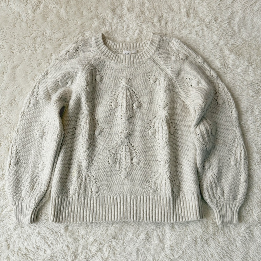 GAP Woman Cream Wool Blend Chunky Knit Crewneck Pullover Sweater SMALL Fisherman